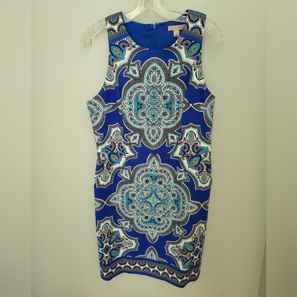 Dress Barn Women 12 Sleeveless sheath dress pockets stretch blue knee length new